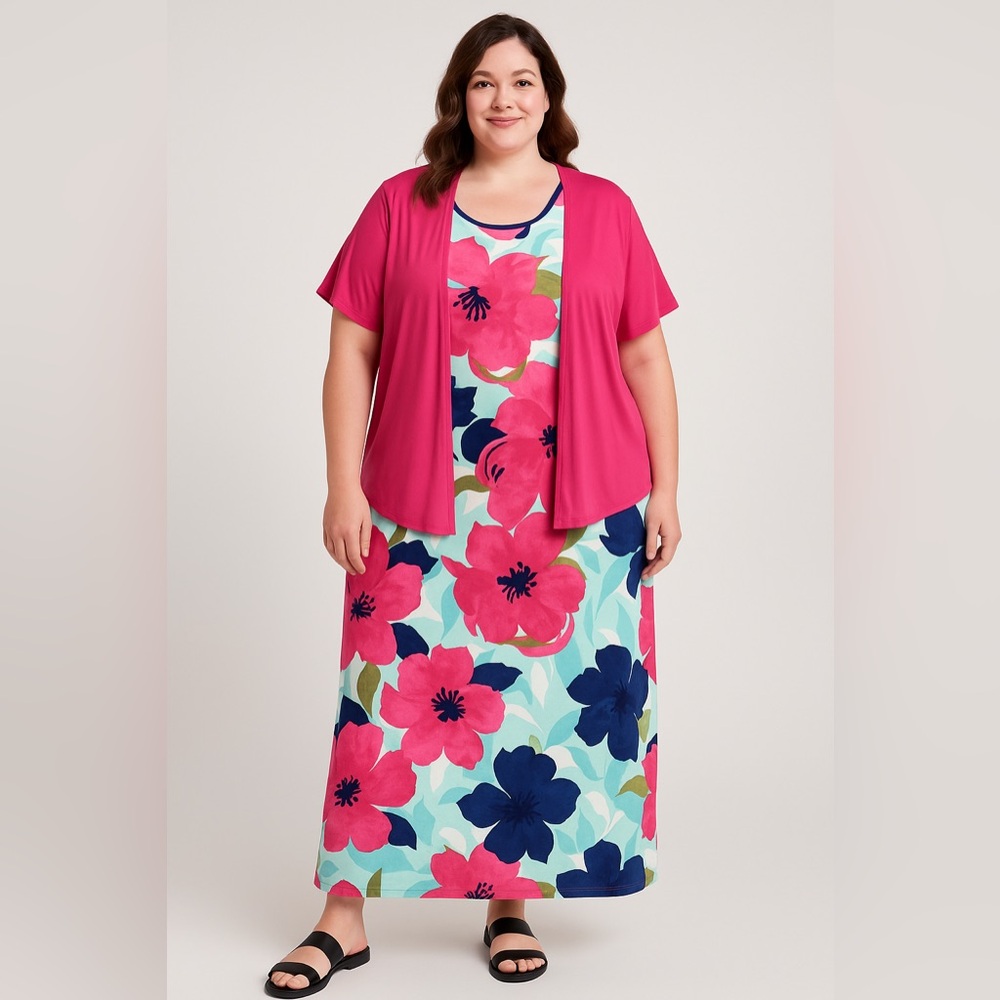 Cuddl Duds Flexwear Floral Maxi Dress with Pink Cardigan - Size 3X